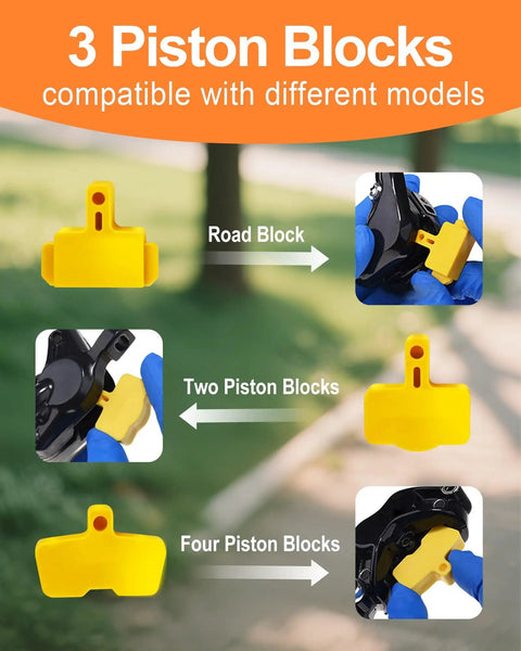 Road Ready All In One Brake Bleed Kit For Hydraulic Disc Brakes showing yellow piston blocks and compatibility with different models