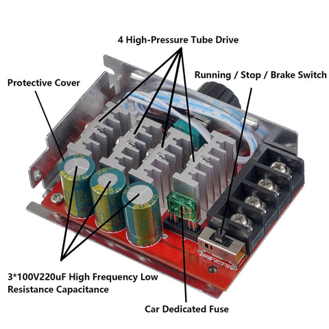 7 to 70V PWM DC Motor Speed Controller 30A with onboard stop and brake switch, protective cover, capacitors, and fuse visible
