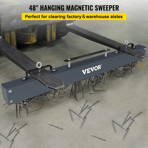 48 Inch Hanging Magnetic Sweeper With Heavy Duty Aluminum Casing, 67 Lb Lift Nail Magnet, attached to forklift clearing nails