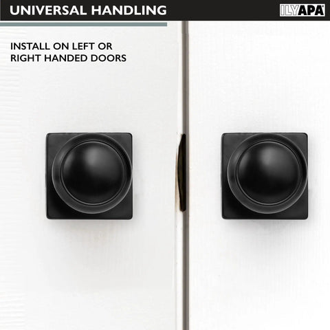 Matte Black Passage Door Knobs Set Of 10 Square And Round Style Non Locking Interior Closet Doorknobs on white door.