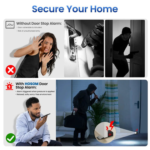 Illustration showing benefits of 2 Pack Door Stop Alarm for Home and Travel Safety with 120dB loud siren and anti-slip wedge.