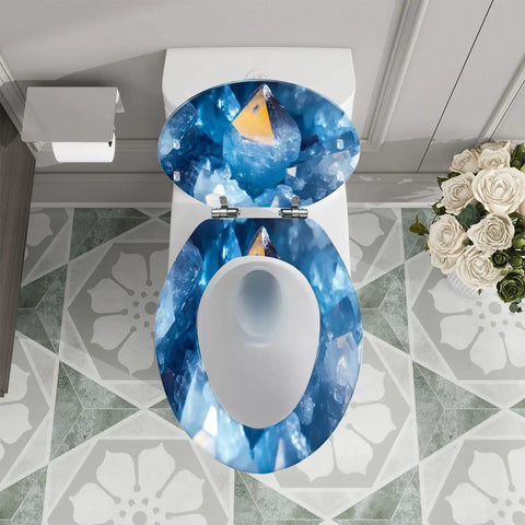 Elongated Toilet Seat for Bathroom featuring a blue crystal design, measuring 14.5" x 18.5" for most standard toilets.