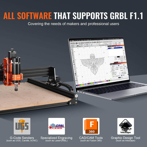Beefy 300W 3 Axis CNC Router Engraving Machine Kit With GRBL Control beside laptop showing GRBL supported software