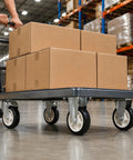 Heavy Duty Three Inch Caster Set With Two Fixed Trackers And Two Bulletproof Locking Swivel Wheels, Thick Black Polyurethane Tires under loaded cart.