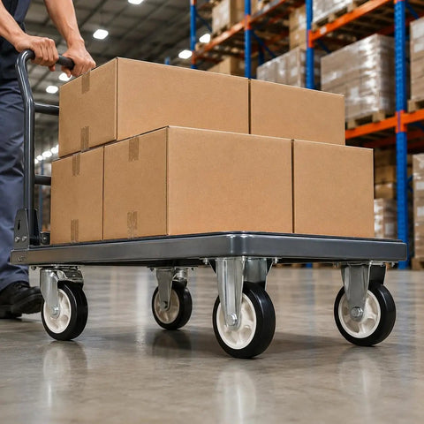 Heavy Duty Three Inch Caster Set With Two Fixed Trackers And Two Bulletproof Locking Swivel Wheels, Thick Black Polyurethane Tires under loaded cart.