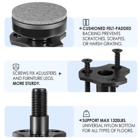 Cushioned felt-padded surface of the 12 Pack Adjustable Leveling Feet With Large Base And T Nut Kit For Sofas Tables Cabinets And Chairs Beefy Heavy Duty Leg Levelers Support Up To 1320 Lbs Three Eighths Inch Sixteen Thread And Quarter Inch Twenty UNC