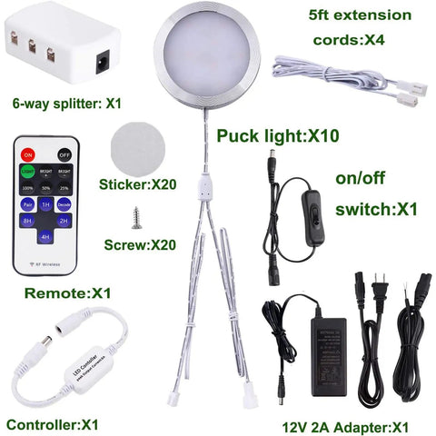 Components of Dope Linkable Under Cabinet LED Puck Lights Kit 12V Dimmable With Wireless RF Remote Control 10 Pack Hardwired Or Plug In Daylight White For Display Lighting