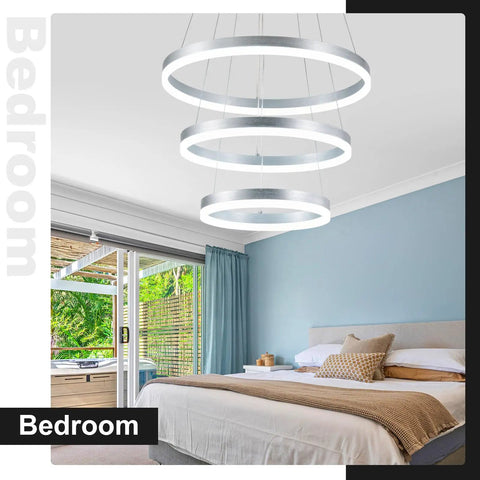 Bedroom with Dimmable 3 Ring LED Chandelier Pendant Light With Height Adjustable Dope Modern Silver Finish, ETL Certified