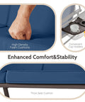 Enhanced blue cushions and cup holders of 3 Seat Outdoor Porch Swing With Stand For Adults 800 Lb Weight Capacity Convertible Swing Bed