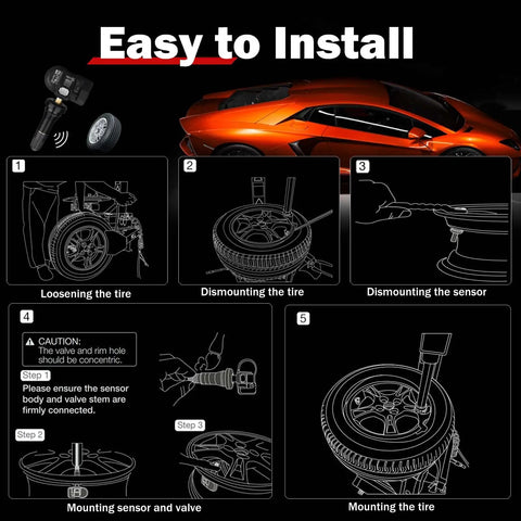 MX Sensor TPMS Sensor Set Of 20 Programmable OE Level 315MHz And 433MHz Press In 2 In 1 For Tire Pressure Monitoring System With Wireless Programming Compatibility TS508 TS608 installation steps with tire and valve diagrams
