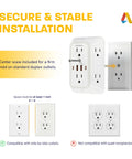 Heavy Duty Multi Plug Wall Outlet Extender Pack With Six AC Receptacles And Four USB Ports Delivering 20W Fast Charge For Your Daily Gear Load And No Sweat Hustle Ready Setup showing installation instructions for compatibility