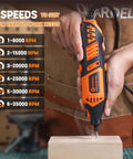 HARDELL rotary tool side view, orange/black, corded with 6 speeds (8000–35000 RPM) drilling wood block