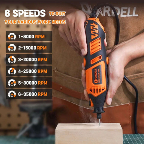 HARDELL rotary tool side view, orange/black, corded with 6 speeds (8000–35000 RPM) drilling wood block