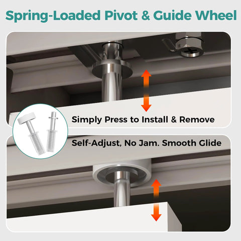 Close-up of 12-Piece Bifold Door Hardware Kit For 1-Inch Track Replacement showing spring-loaded pivots and guide wheels.