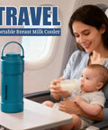 Portable Breast Milk Cooler With 360 Degree Cooling Keeps Travel Bottles Ice Cold For Up To 24 Hours, shown inside an airplane.