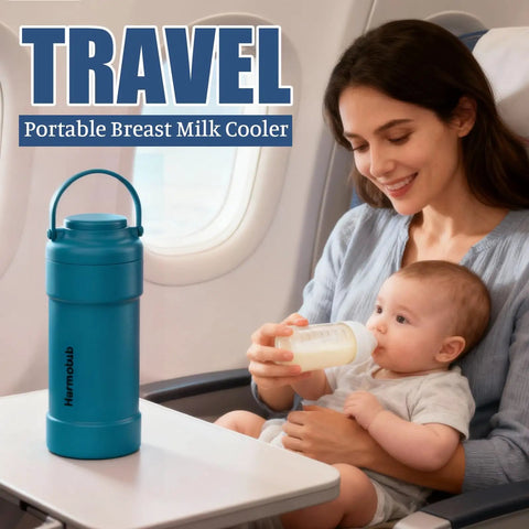 Portable Breast Milk Cooler With 360 Degree Cooling Keeps Travel Bottles Ice Cold For Up To 24 Hours, shown inside an airplane.