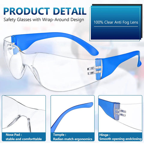 Bulk Pack Of 96 Pairs Clear Safety Glasses With Six Color Frames For Adults, featuring blue frame and anti-fog lens details