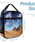 Insulated Reusable Lunch Box With Side Pocket And Detachable Handle displaying pyramid design and product dimensions.