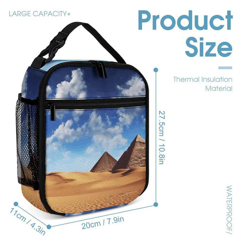 Insulated Reusable Lunch Box With Side Pocket And Detachable Handle displaying pyramid design and product dimensions.
