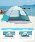 Four Person Beach Tent With Easy Pop Up Setup Shade Shelter shown on beach, measuring 102.4L x 65W x 60H inches, teal color.