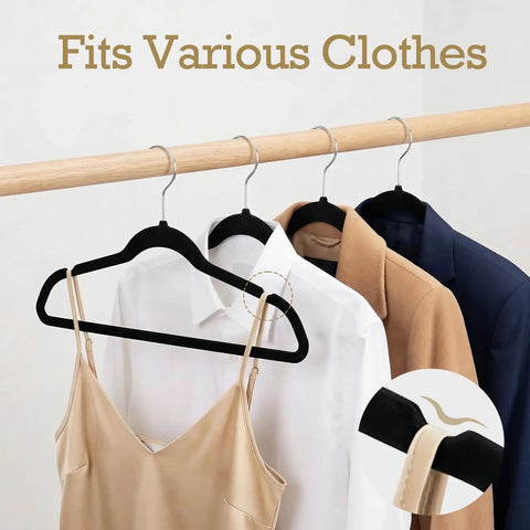 Black Velvet Non Slip Hangers 60 Pack Heavy Duty Clothes Hangers holding various garments on a rack
