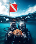 Divers holding a shell underwater with dive flag for boat with removable stiffening pole 20x24 diver down flag visible above