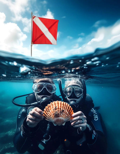 Divers holding a shell underwater with dive flag for boat with removable stiffening pole 20x24 diver down flag visible above
