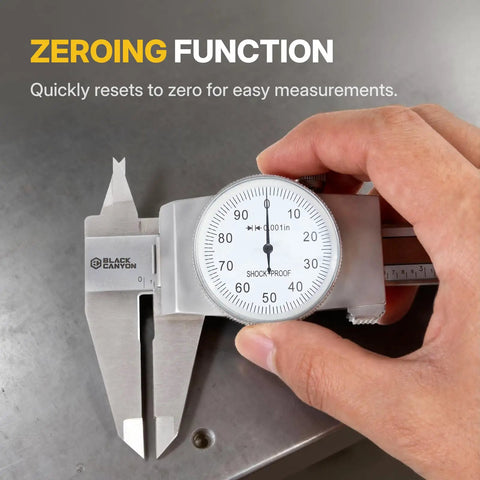 Hand using 6 Inch Dial Caliper With 0.001 Inch Graduation Precise Inside And Outside Measurement Tool on metal surface.
