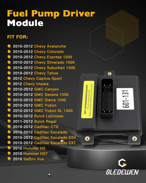 Fuel Pump Driver Module Replacement For GM Vehicles 2010 2012 Compatible With Chevy Silverado Suburban Tahoe Avalanche Express GMC Sierra Yukon Savana Canyon Cadillac with fitment list and module design displayed