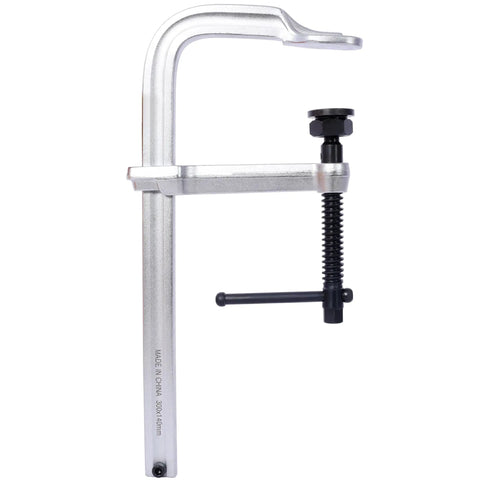 Heavy Duty Deep Throat F Clamp 12 Inch X 5-1/2 Steel Bar W Removable Swivel Pads For Welding Woodworking And Metalworking 4 Pack Set side view showing steel construction and adjustable screw.