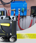 Manual Reset Circuit Breaker 300A High Amperage Switch For Truck Boat Trolling Motor Car Stereo Systems Solar Panels Battery Backup And RV Power Distribution Blocks Rig Ready installed in a panel with wiring.