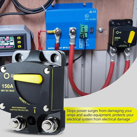 Manual Reset Circuit Breaker 300A High Amperage Switch For Truck Boat Trolling Motor Car Stereo Systems Solar Panels Battery Backup And RV Power Distribution Blocks Rig Ready installed in a panel with wiring.