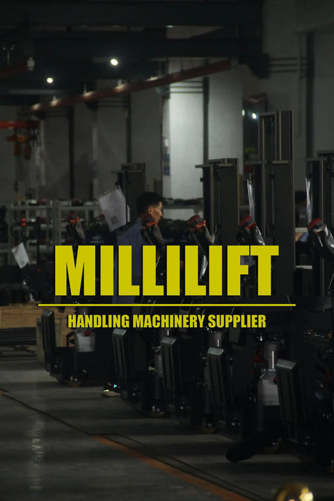 MilliLift Electric Pallet Jack Nails 3300 Lbs With Heavy Duty Forks And LiFePO4 Battery rows in warehouse environment.