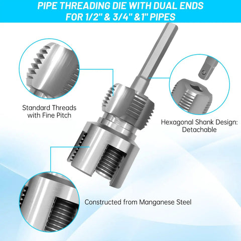 Dual Function PVC Pipe Threader Kit For One Half Inch Three Quarter Inch And One Inch Pipes Internal And External Threading Tool Alloy Steel Construction Electric Drill Compatible For Home Plumbing Repairs DIY Ready showing standard threads and detachable hexagonal shank.