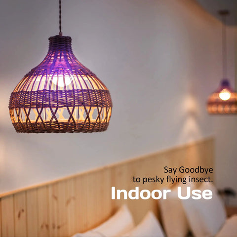 Bedroom with wicker lampshade and text advertising 2-Pack Bug Zapper Light Bulb 2-In-1 Indoor Mosquito Zapper Gnat Trap Electric Fly Insect Killer