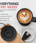 Smart Self Heating Coffee Mug With 14 Oz Size And Intelligent AI Heat Control To Keep Your Morning Brew Piping Hot All Day Long Without Any Manual Hassle For A Total Daily Flex with charging coaster and spill-proof lid.