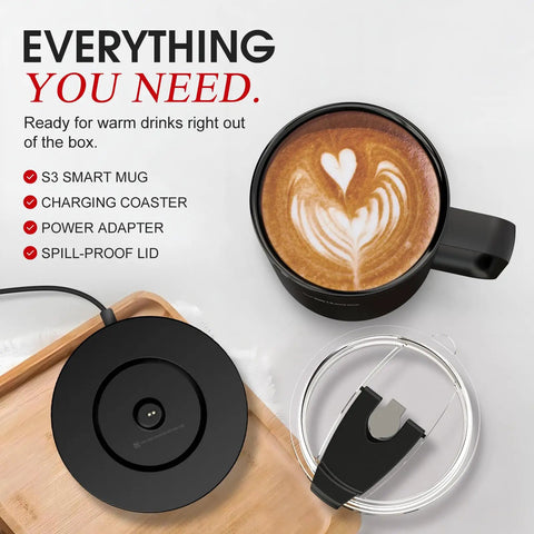 Smart Self Heating Coffee Mug With 14 Oz Size And Intelligent AI Heat Control To Keep Your Morning Brew Piping Hot All Day Long Without Any Manual Hassle For A Total Daily Flex with charging coaster and spill-proof lid.