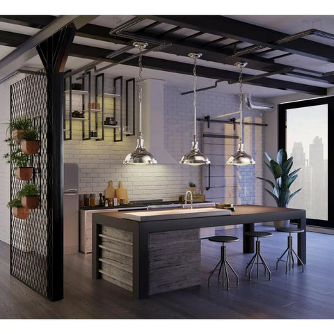 One Light Fresnel Glass Coastal Pendant In Brushed Nickel Finish For Indoor Kitchens And Bars in modern kitchen setting