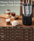 Boss Level Milk Frother And Steamer 4 In 1 Instant Foamer For Hot Or Cold Milks with controls and coffee cups.