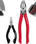Two Piece Screw Extractor Pliers Set With 8 Inch Lineman Pliers And 5 Inch Mini Screw Remover For Stripped Screw Removal On Damaged Or Rusted Fasteners Made In Japan For Auto Techs Electricians And Maintenance Pros, showing red and black-handled pliers with detailed jaws removing various screws.