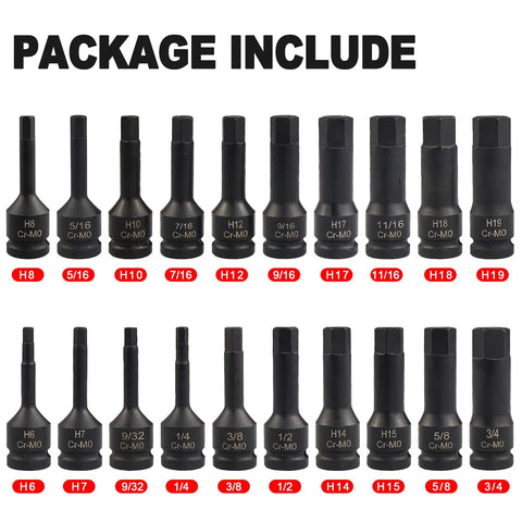 Twenty Piece One Half Inch Drive Master Impact Allen Hex Bit Set With SAE And Metric Hex Sockets Displayed in Package Include