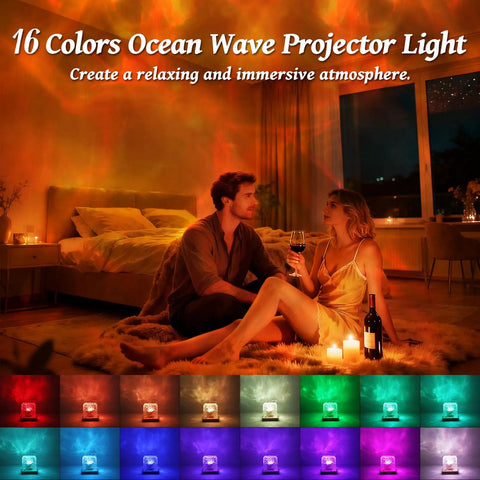 Couple enjoying Ocean Wave Projector Light With 16 RGB Colors And Four Modes, Remote Control, in a cozy bedroom setting.