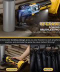 Front view of cordless oscillating multi-tool with yellow and black housing, 20V battery, brushless motor