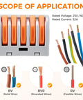 50 Pack Lever Wire Connectors For 28 To 12 AWG With Test Hole 3rd Gen Compact Push In Terminals Reusable Quick Connect Splice Connectors For Home Wiring And No Fuss DIY Projects Pro Grade Safety Vibration Resistant. gray nylon lever connector with orange levers for BV, BVR, and RV wires