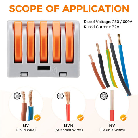 50 Pack Lever Wire Connectors For 28 To 12 AWG With Test Hole 3rd Gen Compact Push In Terminals Reusable Quick Connect Splice Connectors For Home Wiring And No Fuss DIY Projects Pro Grade Safety Vibration Resistant. gray nylon lever connector with orange levers for BV, BVR, and RV wires