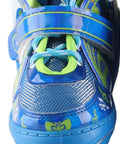 Close-up of blue adjustable inline skates for kids with breathable mesh and light-up wheels, emphasizing vibrant design and details.