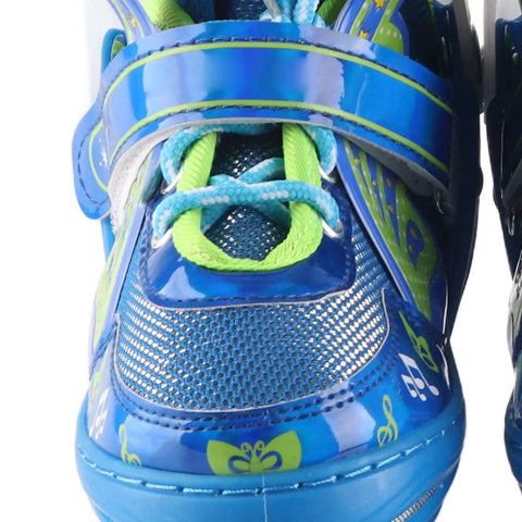 Close-up of blue adjustable inline skates for kids with breathable mesh and light-up wheels, emphasizing vibrant design and details.