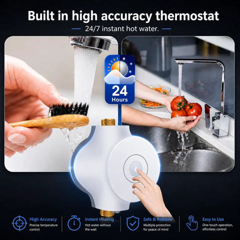 Smart Instant Hot Water Recirculating Pump With Built In Thermostat For Tanked And Tankless Heaters Super Quiet Three Speed On Demand Setup Gets Hot Water Pronto And Slashes Utility Costs, showing high accuracy thermostat with hands using water.