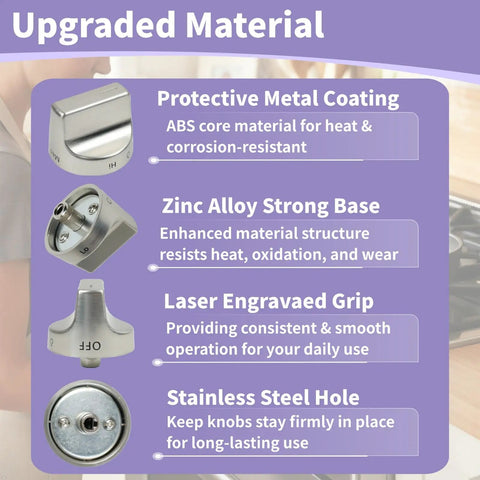Upgraded 5 Pack Stove Knob Replacement Kit materials with metal coating, zinc base, engraved grip, and stainless steel hole