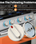 Five Piece Stove Knob Replacement Kit Fits DG64 00472A And DG64 00347A on modern gas range with detailed knob close-up.